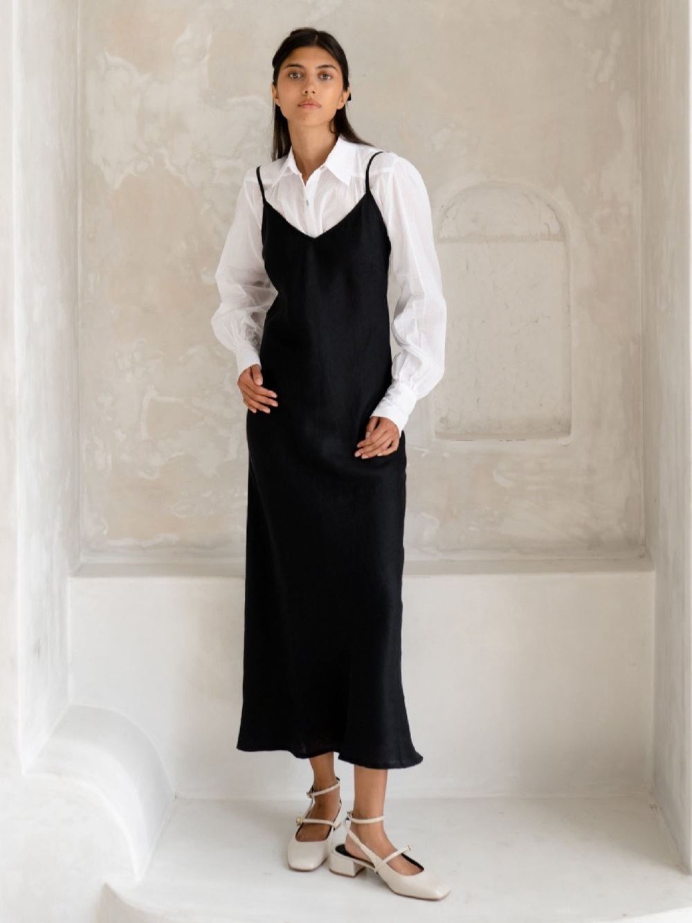 100% Linen Like New - Black Amalfi Bias-Cut Slip Dress - Euro Summer Vibes